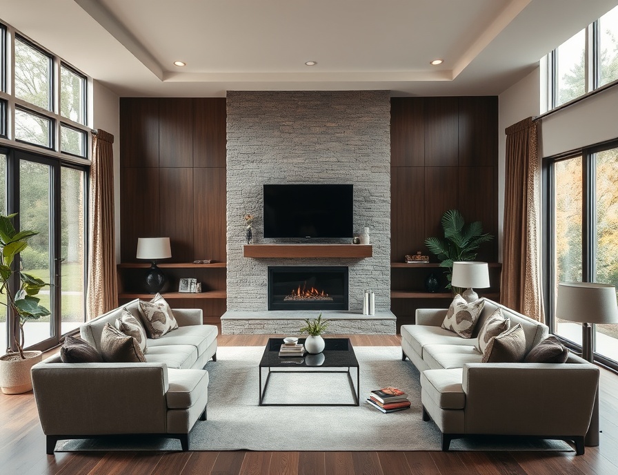 Luxury custom home great room with fireplace