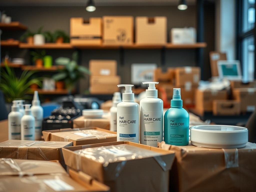 A close-up shot of hair care products being packaged for shipping in a stylish workspace. The focus is on the products, with a glimpse of the fulfillment process in the background, highlighting the efficiency of the drop shipping service.