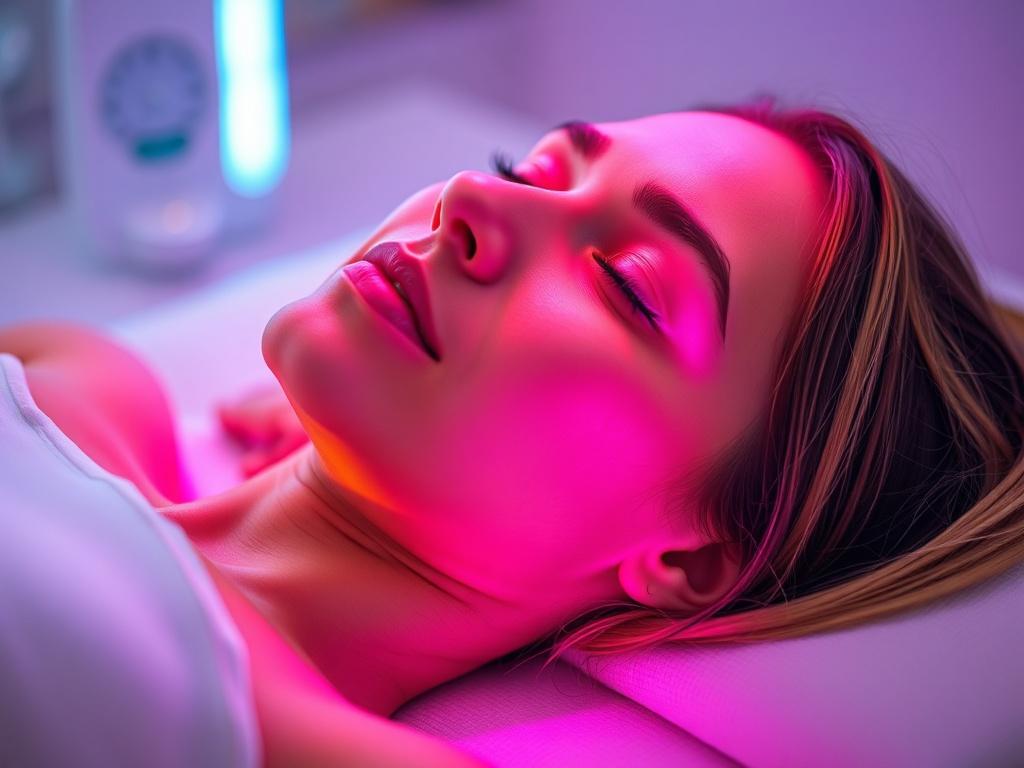 A close-up shot of a client lying down comfortably during an LED light therapy session. The image captures the calming atmosphere with soft, colorful LED lights illuminating the client's face. The client appears relaxed, emphasizing the therapeutic nature of the treatment. The background is softly blurred to keep focus on the client and the LED device, enhancing the visual appeal. The lighting should reflect a soothing ambiance, compatible with the rgb(50, 170, 39) primary color.