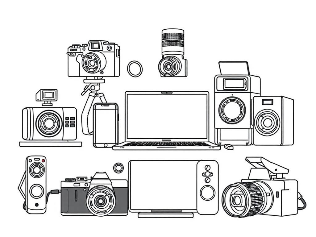 A high-quality illustration showcasing various tech equipment such as laptops, cameras, and audio devices, presented on a clean, simple background. The tech items should be rendered in crisp, solid black line drawing style, highlighting their features while maintaining a minimalistic approach to the composition.