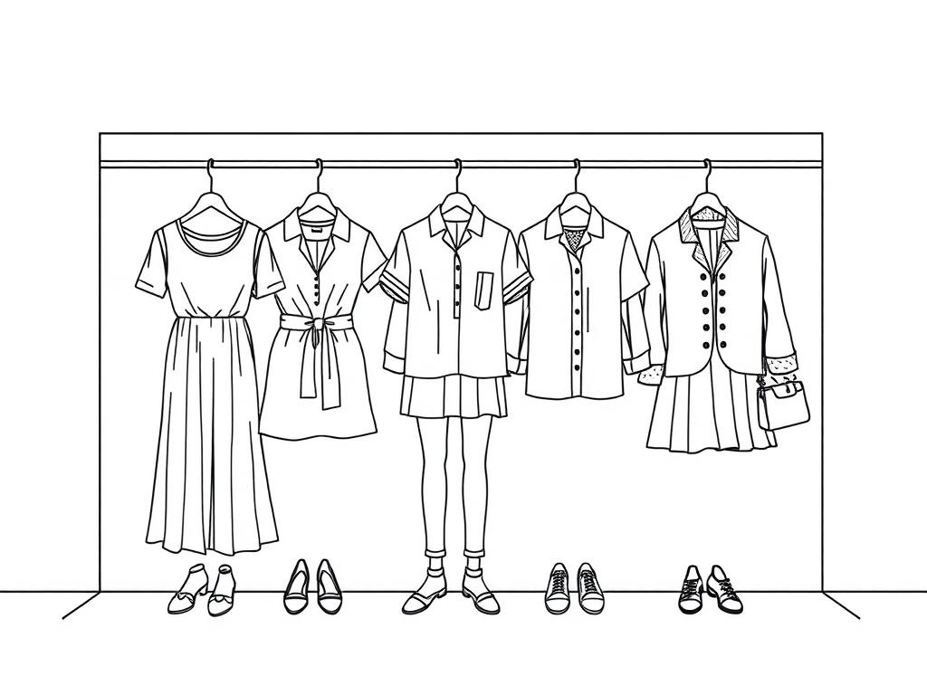 A high-quality illustration of trendy clothing items displayed on a simple, elegant backdrop. The fashion items should include a mix of dresses, shirts, and accessories, all rendered in crisp, solid black line drawing style. The composition should be clean with a focus on the clothing, showcasing various styles and designs, while the background remains minimalistic.