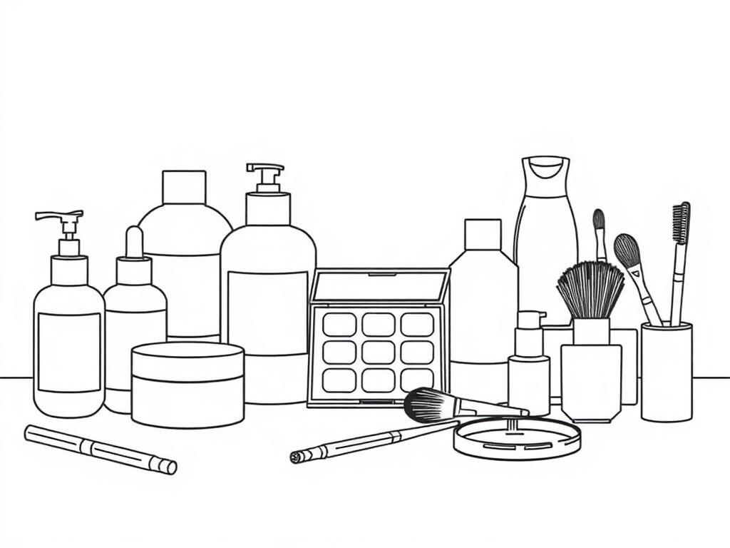 A high-quality illustration featuring an array of beauty products including skincare bottles, makeup palettes, and brushes, arranged aesthetically on a clean surface. The items should be rendered in crisp, solid black line drawing style, emphasizing their shapes and designs, with a minimalistic background that highlights the beauty products.