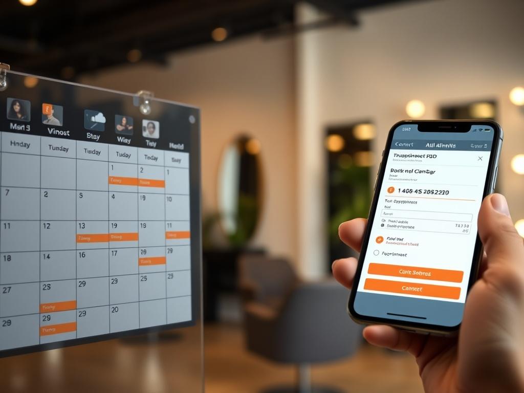 A close-up shot of a digital calendar filled with scheduled appointments, with a smartphone displaying a booking confirmation. The background is a stylish salon interior, hinting at a professional environment. The image conveys organization and efficiency, appealing to hairdressers seeking to streamline their appointment management.