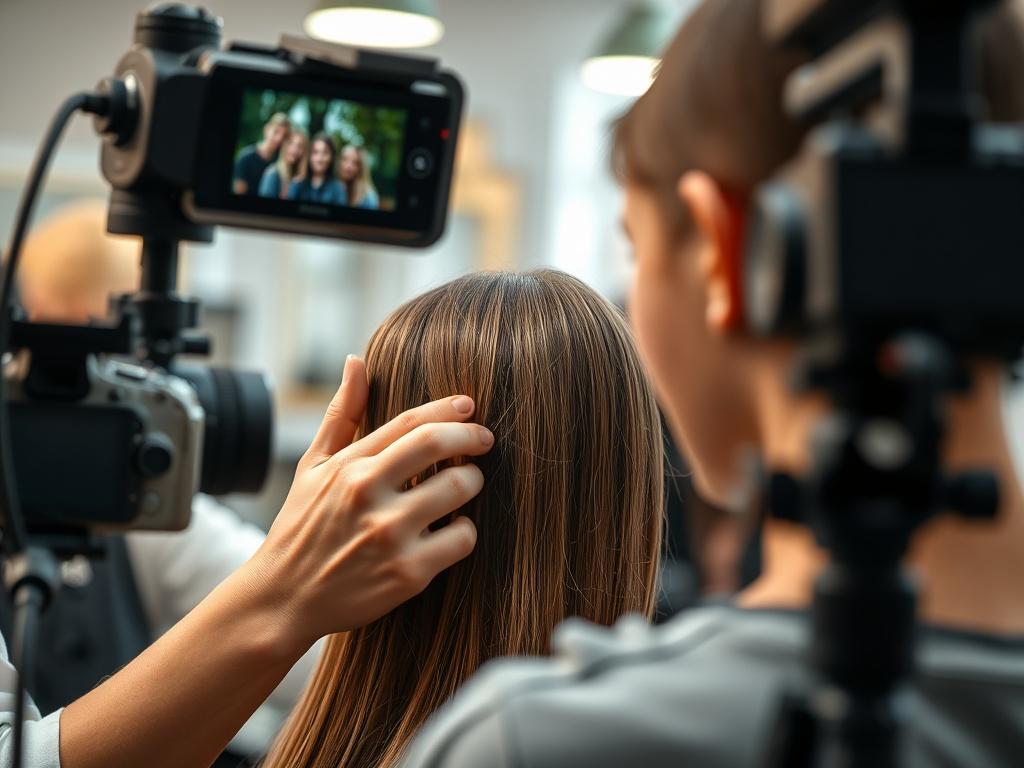 A close-up shot of a hairstylist working on a client's hair, with a camera setup in the background, capturing the live stream. The scene is bright and inviting, showcasing the stylist's skill and the client's satisfaction. The focus is on the stylist's hands and the client's hair, with blurred background elements that suggest an engaging and interactive environment.
