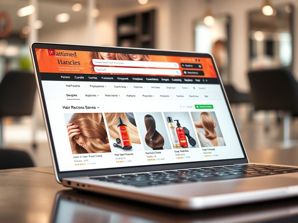 A hyper-realistic close-up of an online store interface on a laptop screen, showcasing hair care products with vibrant images. The background features a modern salon environment, emphasizing the connection between online shopping and hair services. The image captures the essence of e-commerce and hairdressing, inviting viewers to explore the products.