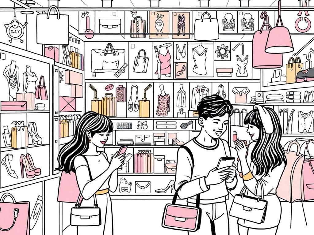A high-quality illustration depicting a bustling online shopping platform with various product categories such as fashion, beauty, and accessories. The image should show a user-friendly interface with customers happily browsing through the products on their devices. The background should feature an array of colorful product images, creating an engaging and vibrant shopping atmosphere. The illustration should be in crisp, solid black line drawing style, compatible with the primary color rgb(193, 153, 87).