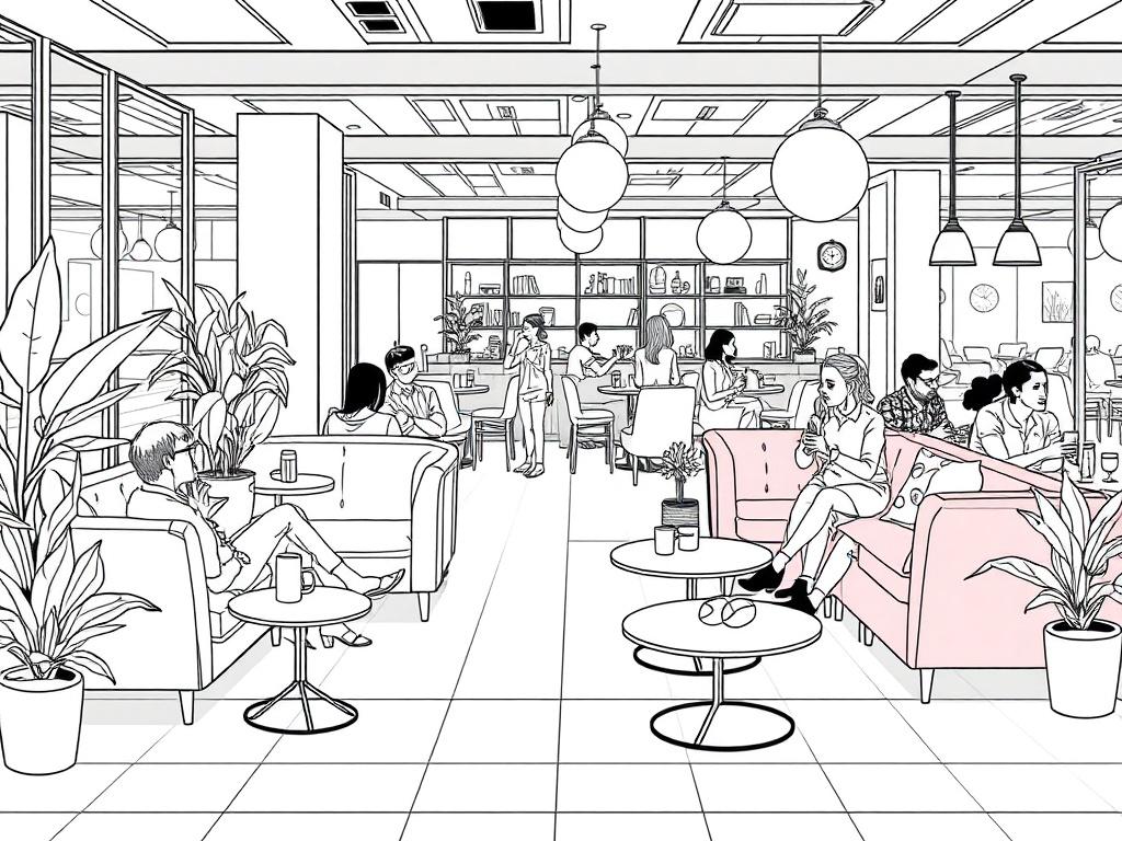 A high-quality illustration of a modern lounge environment featuring comfortable seating and relaxing decor. The scene should include a diverse group of people enjoying their time, sipping beverages, and socializing. Soft lighting and relaxing colors should create an inviting atmosphere. The illustration should be in crisp, solid black line drawing style, compatible with the primary color rgb(193, 153, 87).