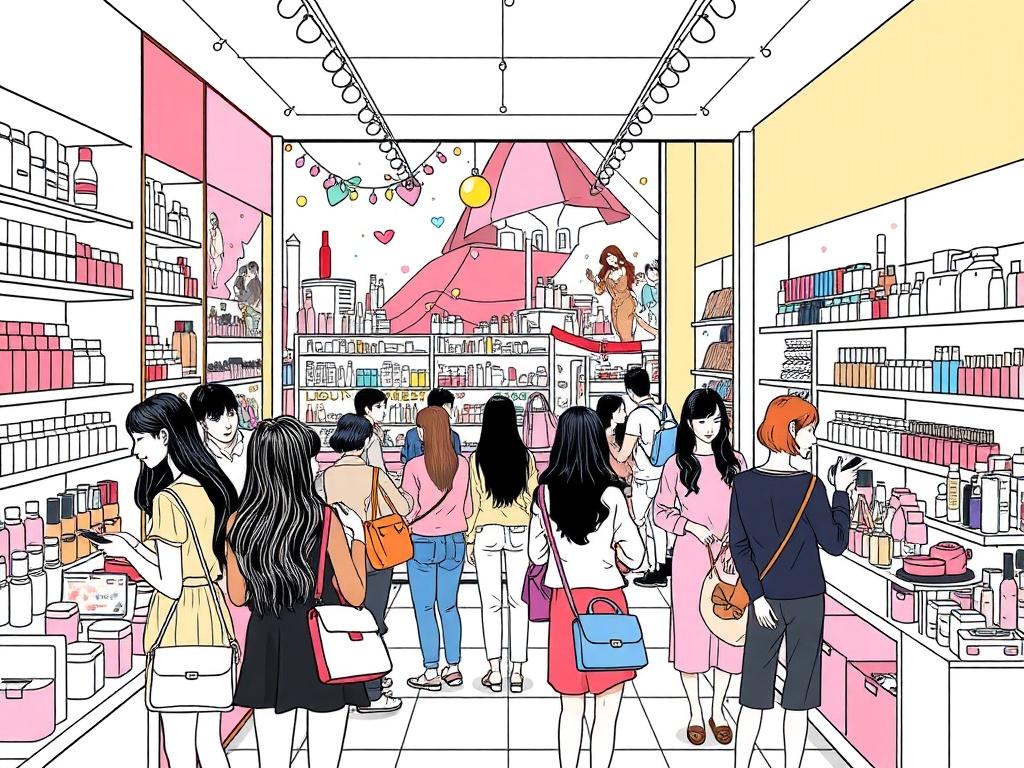 A high-quality illustration of a vibrant beauty store interior showcasing a variety of beauty products and fashionable items. The scene should feature a diverse group of customers exploring the products with excitement. The background should be filled with colorful displays of beauty items and fashion accessories, creating a lively and inviting atmosphere. The illustration should be in crisp, solid black line drawing style, compatible with the primary color rgb(193, 153, 87).