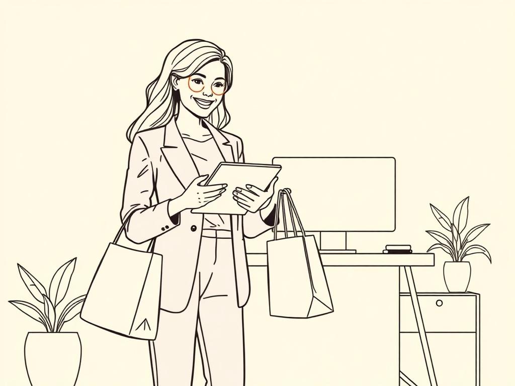 Create a high-quality illustration that captures the essence of the blog titled "Navigating Online Shopping: Tips from Personal Shoppers." The composition should be simple and clear, featuring a single subject: a personal shopper holding a tablet and a shopping bag, smiling while guiding a customer through an online shopping experience. 

The personal shopper should be portrayed in a modern, stylish outfit, exuding confidence and approachability. The background should be minimalistic, featuring a subtle rep