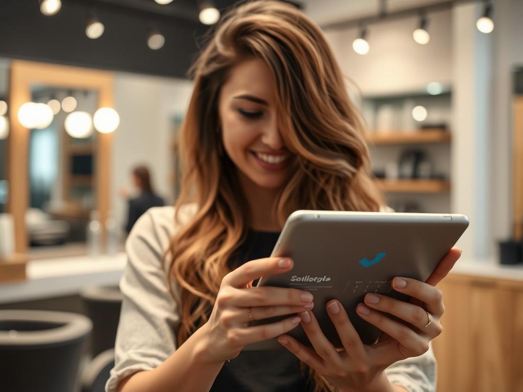 A close up shot of a hairstylist using a tablet