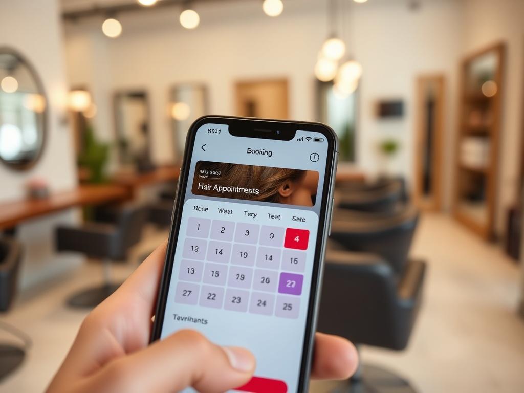 An inviting close-up shot of a smartphone displaying a booking app for hair appointments, showcasing a calendar and available time slots. The background should feature a stylish salon setting, enhancing the professional atmosphere.