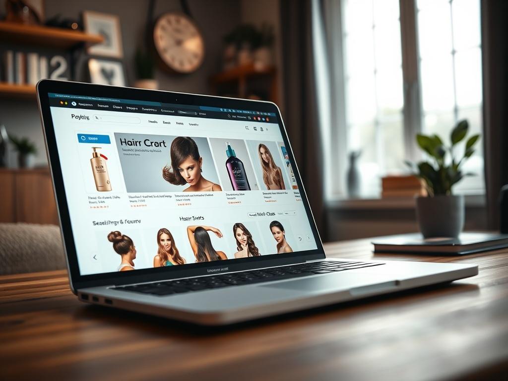 A realistic image of a sleek online store interface displayed on a laptop. The screen shows vibrant hair care products with clear images and pricing. The background should be a cozy, well-lit workspace, emphasizing a modern and user-friendly shopping experience.
