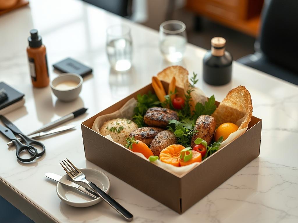 A high-resolution close-up of a beautifully arranged dinner box with gourmet food, placed on a salon table alongside hair styling tools. The setting should exude elegance and comfort, inviting clients to enjoy their meals as they receive hair services.
