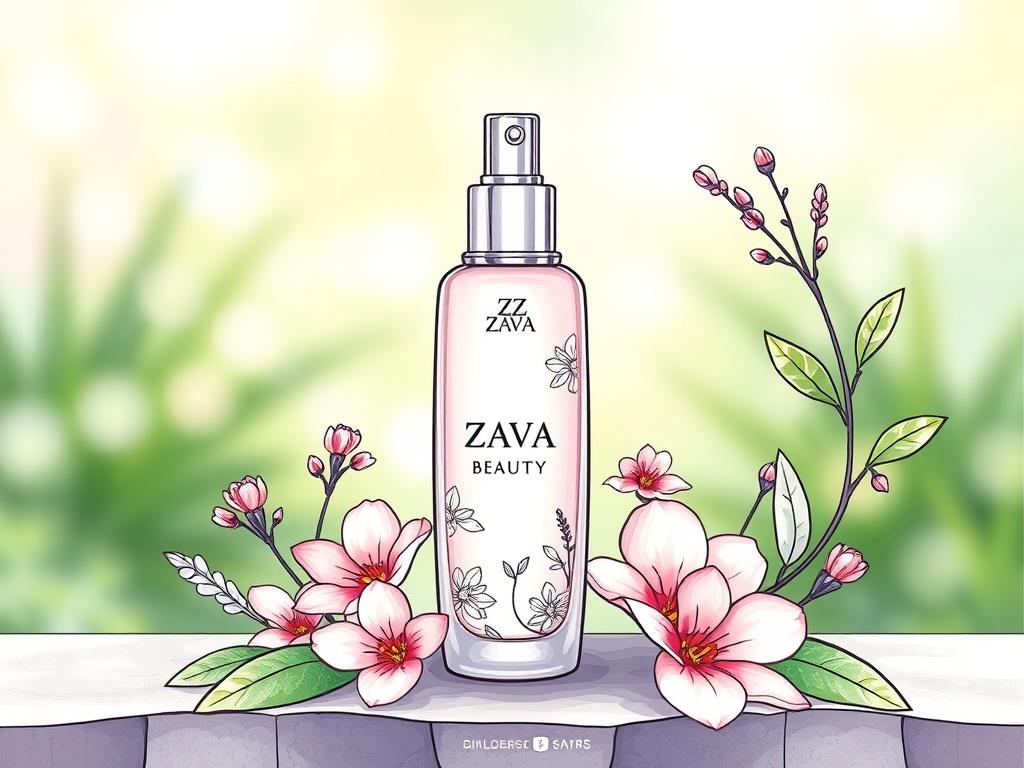 Create a high-quality illustration for a blog titled "Zava Beauty Products." The composition should be simple and clear, featuring a single subject: a beautifully designed cosmetic product bottle, such as a luxurious serum or moisturizer. Ensure the bottle is elegantly shaped, with a glossy finish that reflects light to add an inviting allure. 
The product should be adorned with subtle floral motifs or elegant patterns that resonate with the beauty aesthetic. Use vibrant colors that evoke freshness and vit