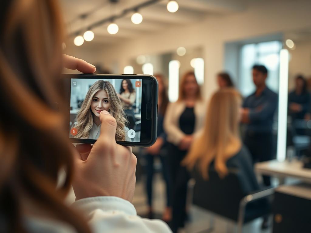 A close-up shot of a hairstylist live streaming a hair tutorial on a smartphone from a salon. The background shows a well-lit salon environment with clients watching attentively, capturing the excitement and interaction of the live session.