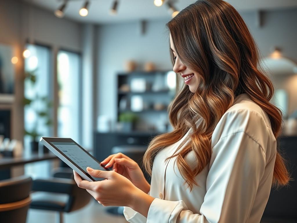 A close-up shot of a hairstylist using a tablet to schedule appointments in a modern salon. The background features stylish salon decor, and the focus is on the interaction between the stylist and the tablet, showcasing a professional and inviting atmosphere.