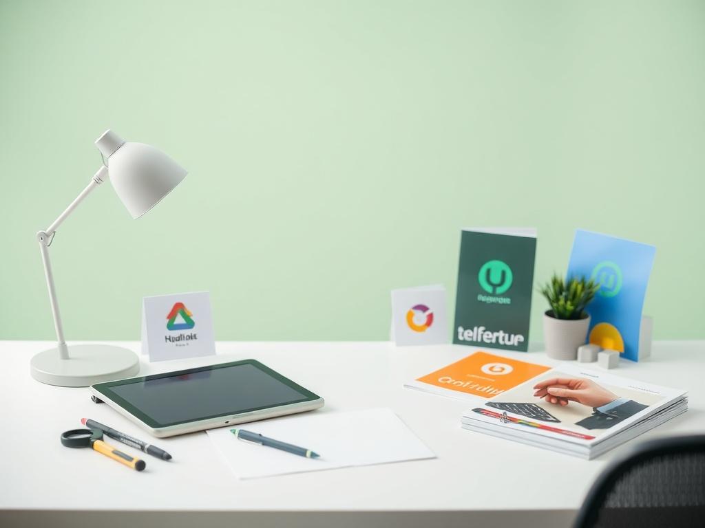 A minimalistic and realistic high-resolution image showcasing a designer's workspace. The image features a clean desk with design tools like a tablet and stylus, surrounded by samples of colorful logos and brochures. The background is softly blurred, emphasizing the essential elements of design while maintaining a green and clean aesthetic.