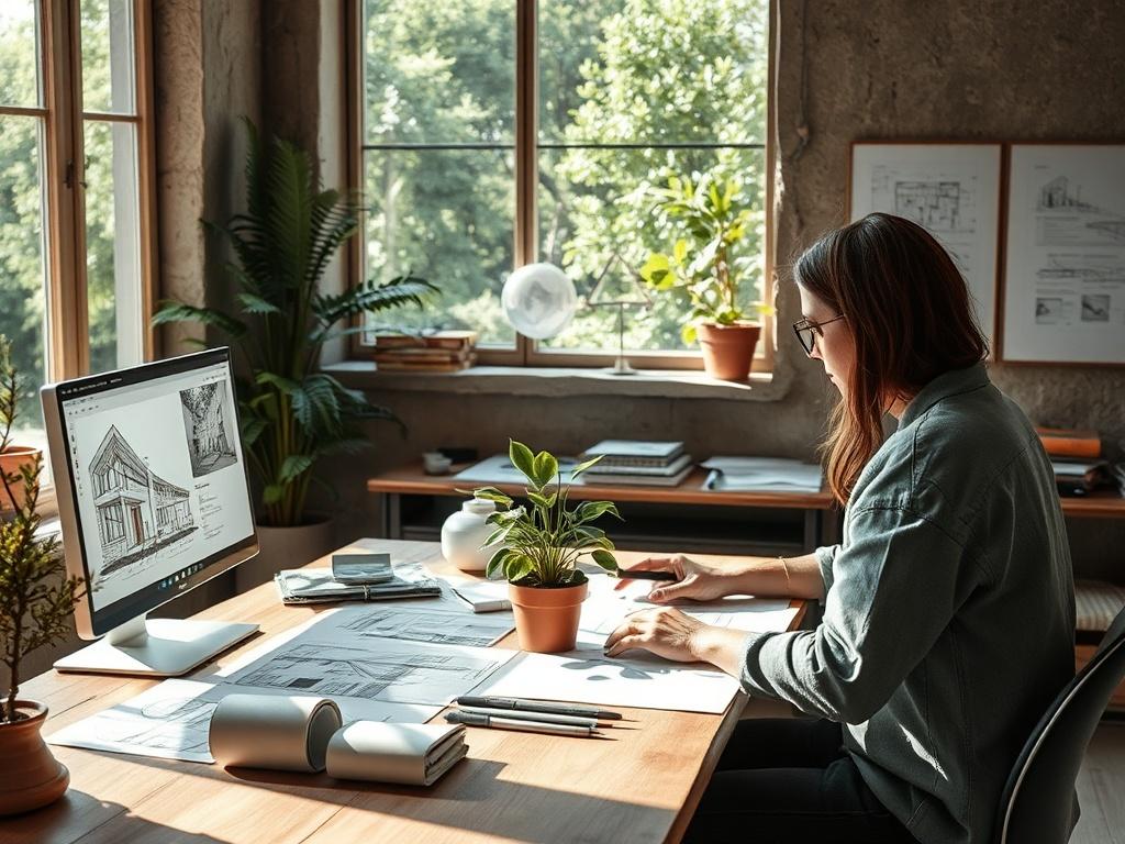 A serene workspace showcasing a designer at work, surrounded by