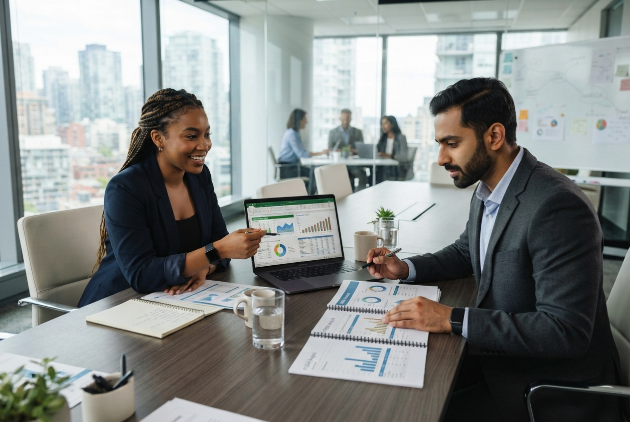 Diverse consultants reviewing financial reports and analyzing data