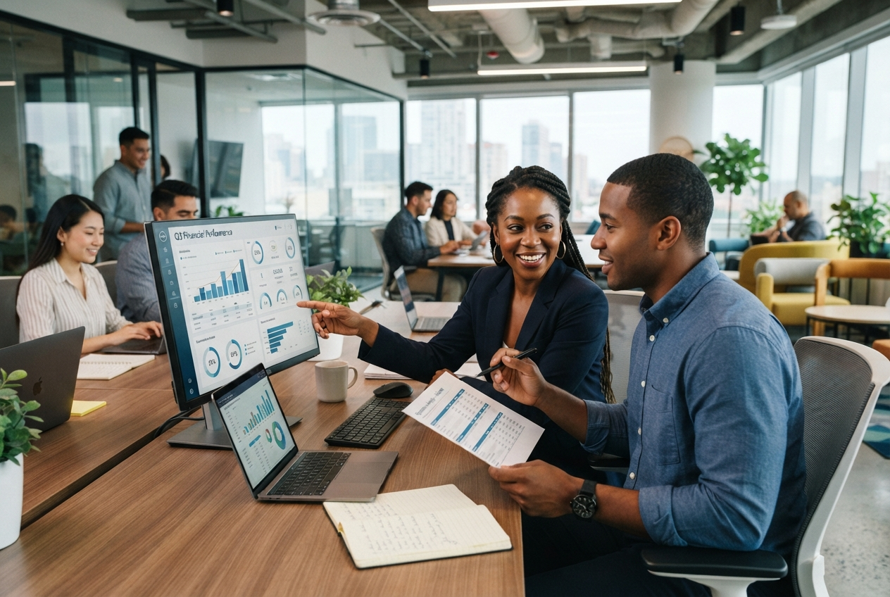 Diverse business professionals reviewing financial dashboards and documents