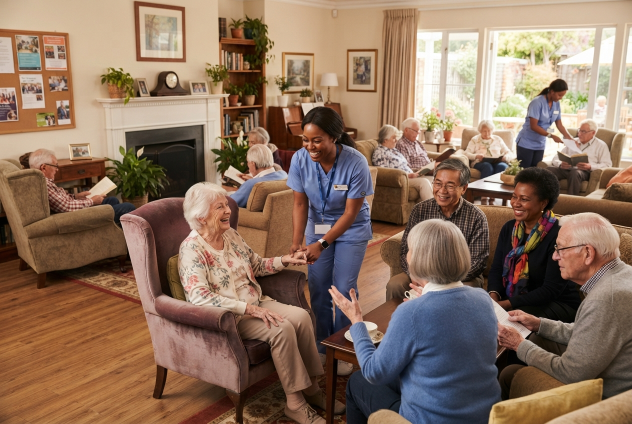 Diverse assisted living community with care staff and residents