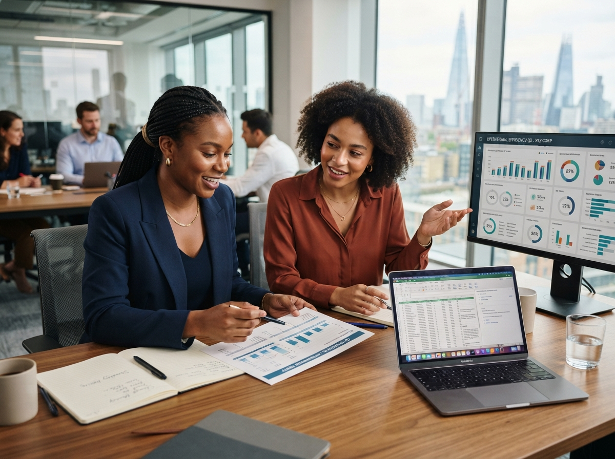 Two Black women consultants collaborating on financial reporting and business operations
