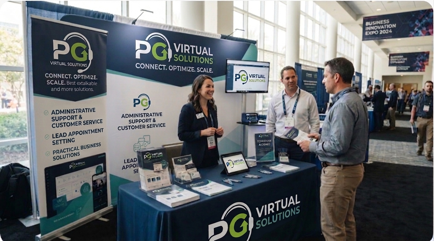 Professional trade show vendor booth with banner and table display