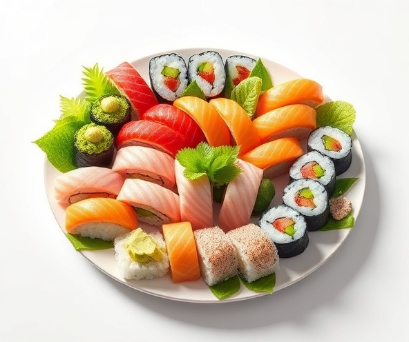 Artful sushi platter with green garnishes