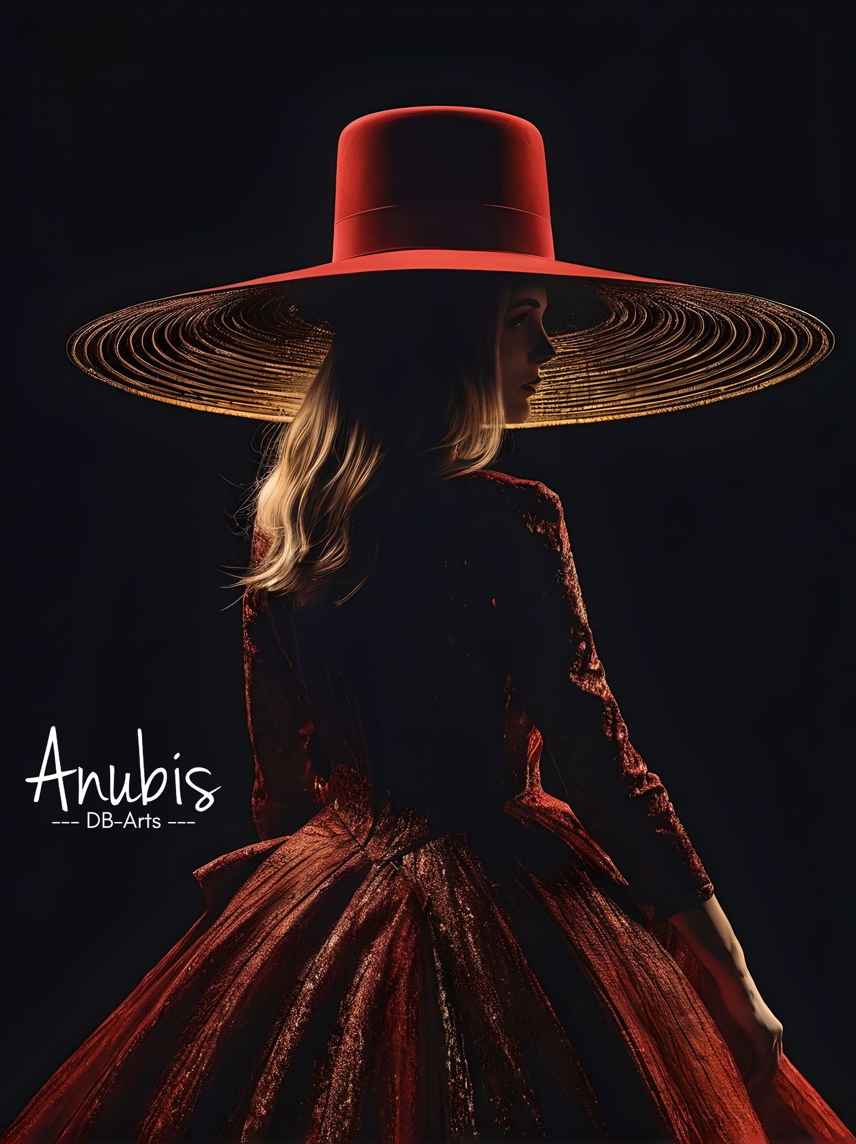 This striking artwork features a figure adorned with a rich, textured red gown and a bold, wide-brimmed hat with an intricate golden spiral pattern on its underside. The glowing red hues, combined with the shimmering gold details, create an air of opulence and mystique. Set against a deep, dark background, the vibrant design elements radiate elegance and artistic sophistication.