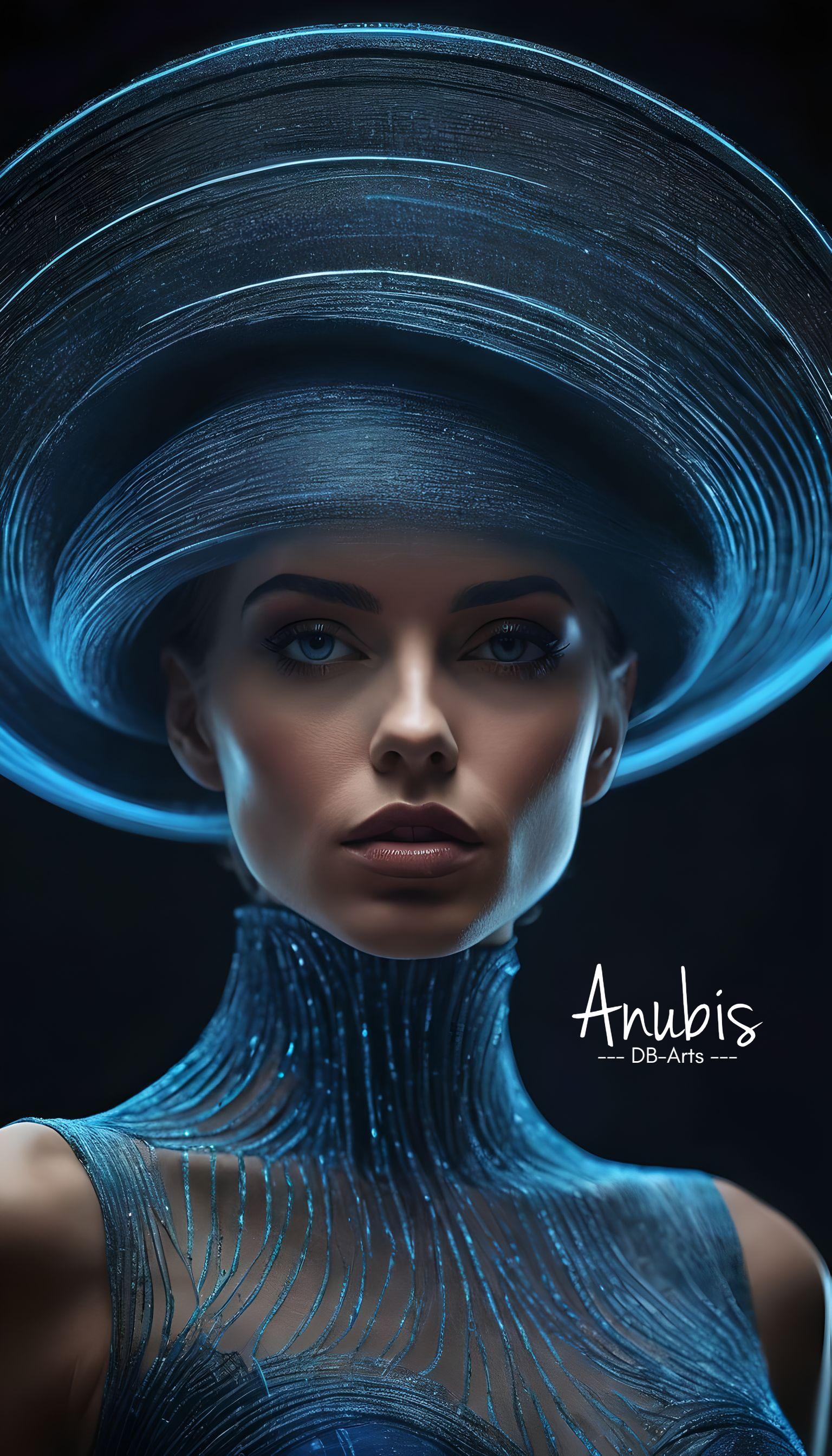 This captivating digital artwork features a figure adorned in a futuristic outfit with glowing blue patterns and a large, circular hat. The ensemble exudes a blend of modern fashion and cosmic inspiration, creating an otherworldly ambiance. Set against a dark background, the luminous blue elements and refined design details stand out strikingly. The piece, signed &#x27;Anubis DB-Arts,&#x27; represents a seamless fusion of light, shadow, and elegance, making it a visual masterpiece