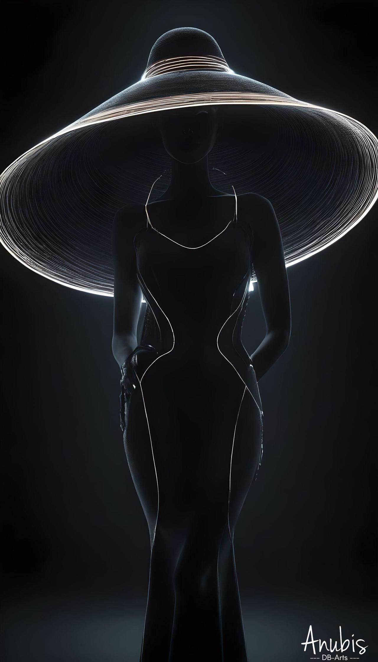 This digital artwork showcases a futuristic silhouette of a figure adorned with a wide-brimmed hat glowing at the edges. The outfit features intricate, luminous lines that trace the contours of the body, creating a harmonious blend of light and shadow. Set against a dark background, the glowing elements of the figure captivate the eye, evoking a sense of mystery and cosmic inspiration. Signed &#x27;Anubis DB-Arts,&#x27; this piece masterfully combines modern aesthetics with artistic elegance.