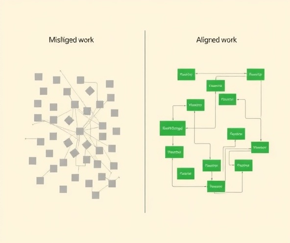 Misaligned vs aligned work visualization showing transformation from scattered to organized