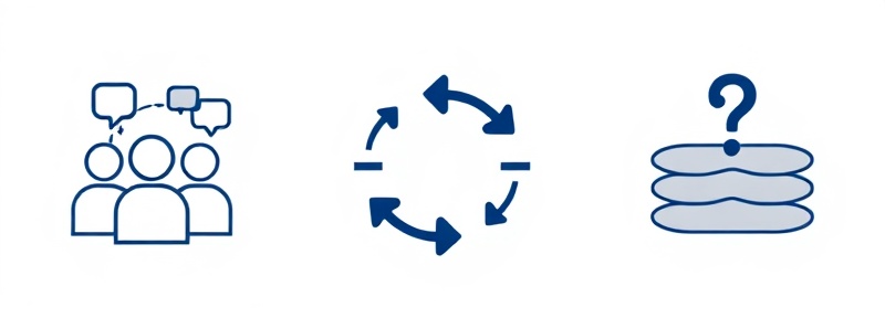 Three icons representing business challenges: busy teams, competing projects, and lack of visibility