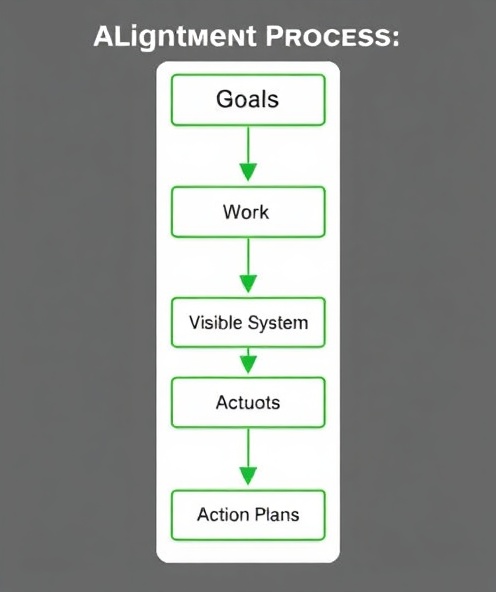 Alignment flow diagram: Goals flowing to Work, then to Visible System, then to Action Plans