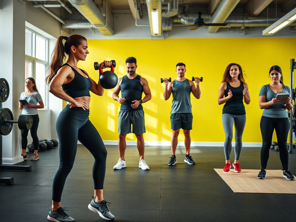 Diverse group fitness training in modern gym