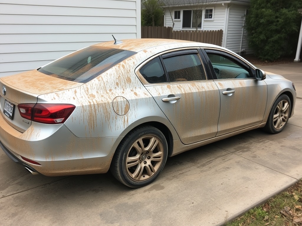 Silver sedan before detailing - dirty and covered in mud