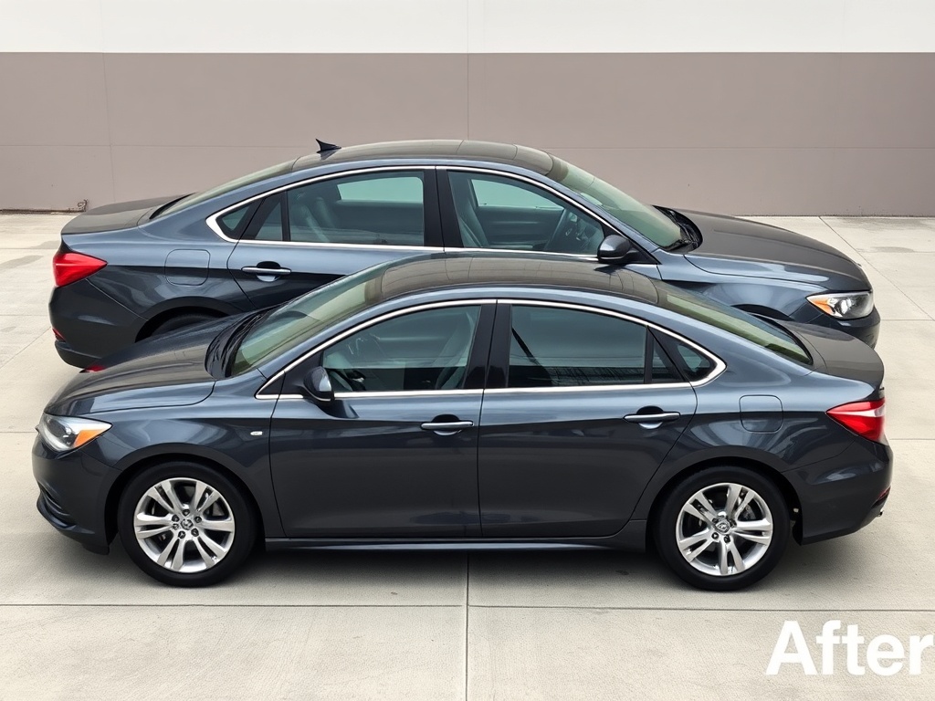 Same dark gray sedan after detailing - perfectly polished