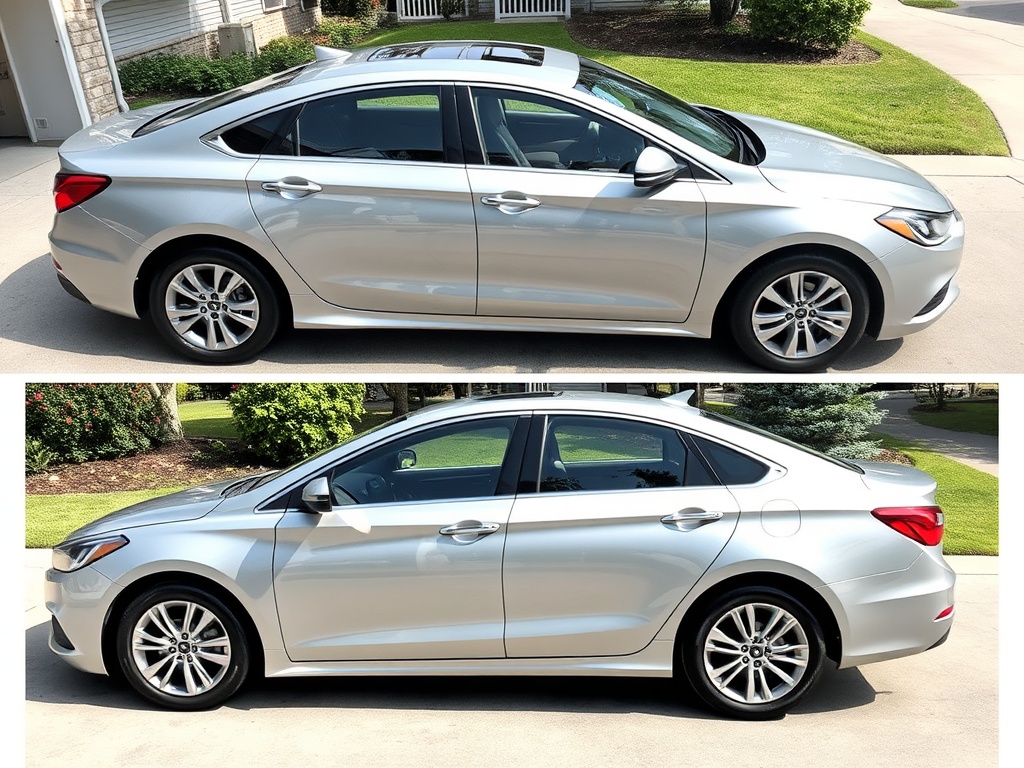 Same silver sedan after detailing - perfectly clean and shiny