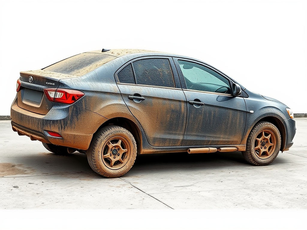 Dark gray sedan before detailing - covered in mud and grime