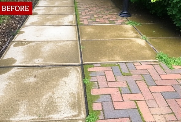 Sidewalk before cleaning - mossy and dirty
