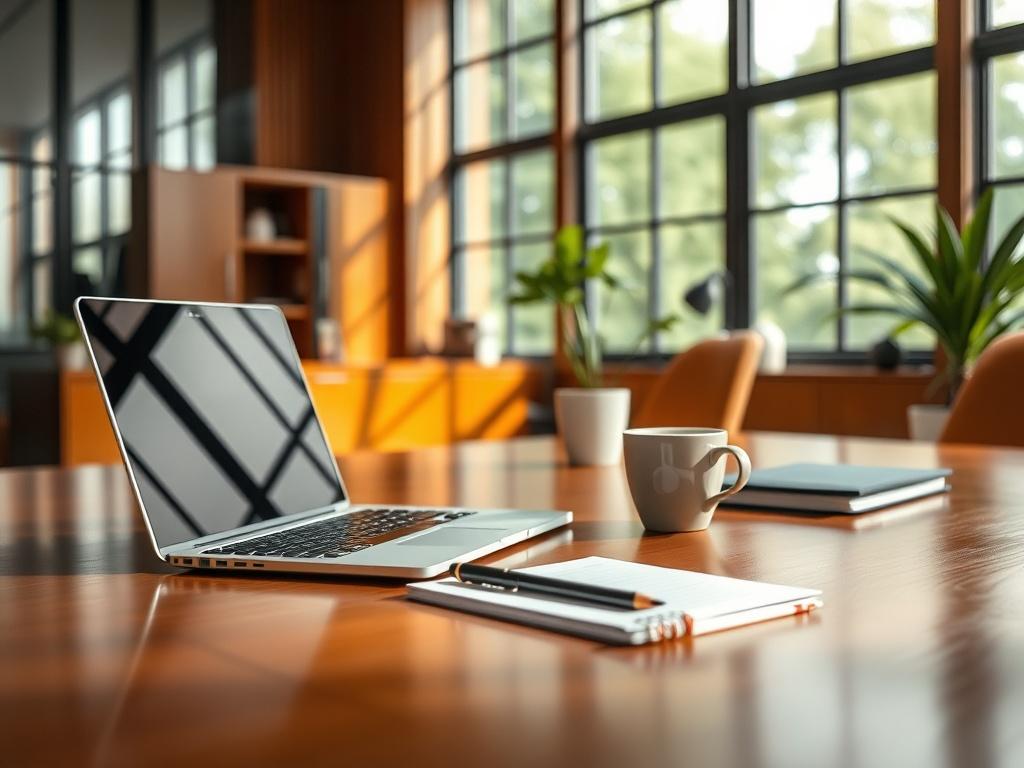 A close-up shot of a clean office desk, showcasing a tidy workspace with a laptop, notepad, and a coffee cup. The background features polished wooden furniture and large windows letting in natural light. The image conveys a sense of organization and productivity. Shot with a 45mm f/1.2 lens style.