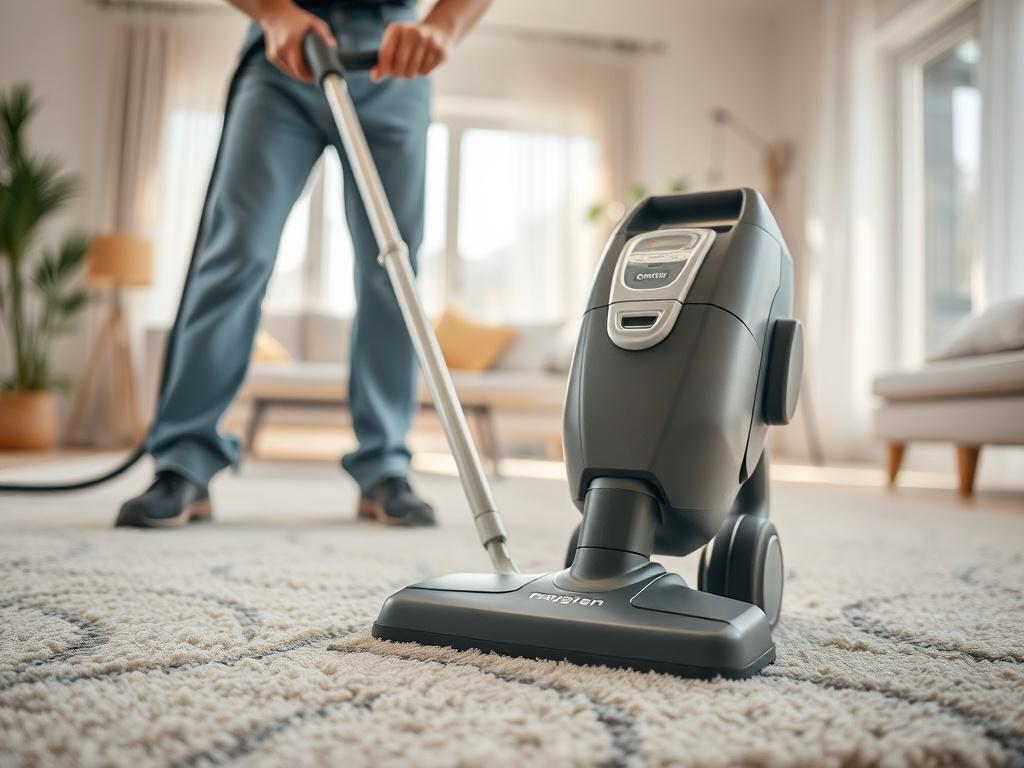 A close-up shot of a professional cleaner using a steam cleaner on a carpet, showcasing the deep cleaning process. The background shows a bright living room filled with natural light, emphasizing cleanliness and freshness. The image captures the action of thorough cleaning. Shot with a 45mm f/1.2 lens style.