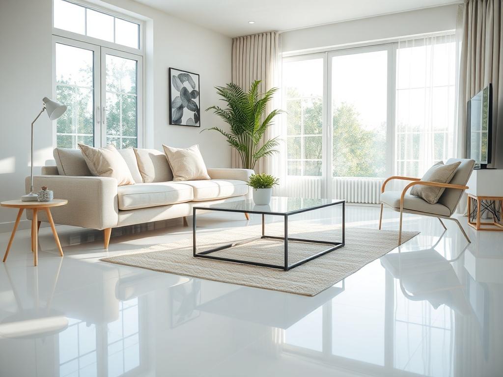 A pristine living room featuring a modern sofa with decorative pillows, a sleek coffee table, and a bright, airy atmosphere. The room is well-lit with natural sunlight streaming through large windows, highlighting the spotless floor and clean surfaces. A potted plant adds a touch of green to the scene. The composition should focus solely on the living room's cleanliness, conveying a sense of freshness and comfort, captured in a hyper-realistic close-up shot.