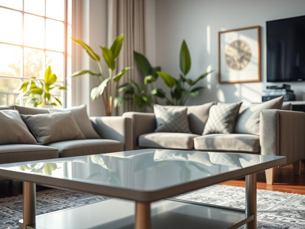 A hyper-realistic close-up shot of a clean and organized living room, showcasing a sparkling clean coffee table, plush sofa, and bright window light illuminating the space, with vibrant green plants in the background. Shot with a 45mm f/1.2 lens.
