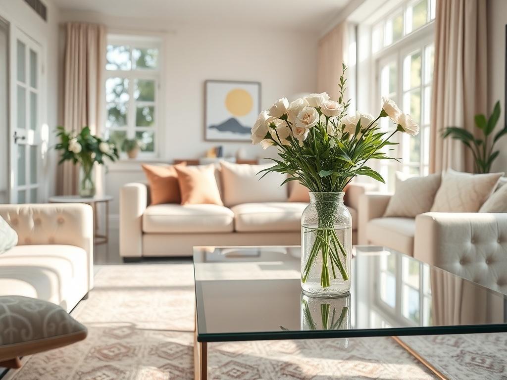 A pristine Airbnb living room, showcasing a neatly arranged sofa, sparkling coffee table, and fresh flowers in a vase. The room is bright and airy, with natural light streaming in through large windows. Soft, inviting colors dominate the decor, creating a welcoming atmosphere. The focus is on the cleanliness and attention to detail, with no clutter in sight, emphasizing the ideal guest-ready environment.