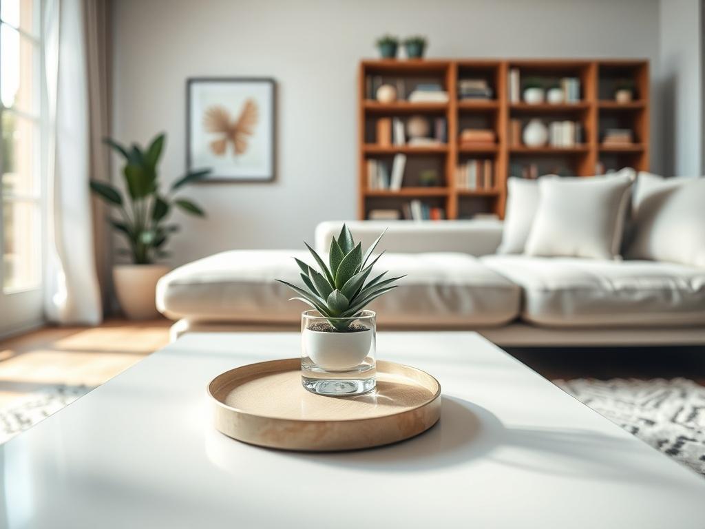 A hyper-realistic close-up shot of a pristine living room showcasing a freshly cleaned space. The focus is on a spotless coffee table with a decorative plant and a clean couch, all bathed in natural light. The background features a soft, blurred view of a well-organized bookshelf. The overall ambiance conveys cleanliness and comfort, emphasizing the transformation of the environment.