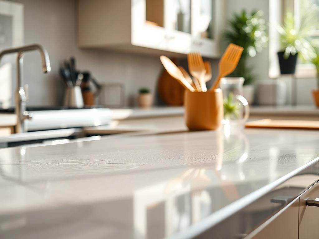 A hyper-realistic close-up shot of a sparkling clean kitchen countertop, showcasing gleaming surfaces and perfectly organized utensils. The focus is on cleanliness and freshness, with natural light illuminating the scene. The background should be softly blurred to emphasize the pristine countertop, capturing the essence of a deep clean in a warm, inviting environment.