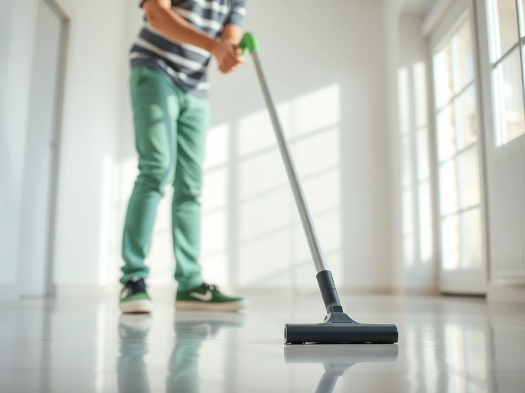 A close-up shot of a professional cleaner using a vacuum in a pristine, empty room. The background should show a sunlit space with clean walls and polished floors, highlighting the immaculate condition of the property. The composition should be simple, focusing on the cleaner and the cleanliness of the room, with vibrant green accents reflecting the brand's primary color.