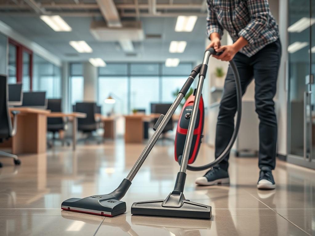 A hyper-realistic close-up shot of a commercial cleaning professional using a high-quality vacuum in a well-lit office space. The focus is on the cleaner's determined expression and the pristine floor being vacuumed. The background showcases office furniture and a clean, organized workspace, emphasizing professionalism and cleanliness. The color scheme incorporates RGB(50, 170, 39) to reflect freshness and vitality.
