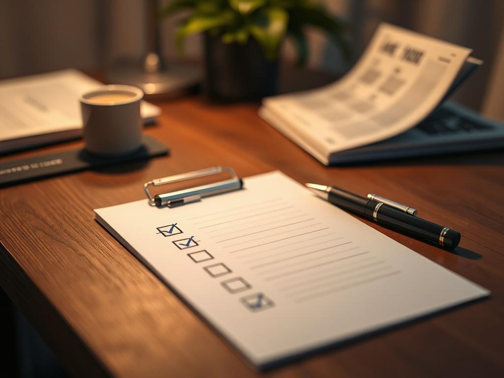 A close-up shot of a beautifully organized checklist on a wooden desk. The checklist has neatly written checkboxes, with a neat pen beside it. The background is softly blurred, emphasizing the checklist as the main subject. The lighting is warm and inviting, creating a cozy atmosphere.